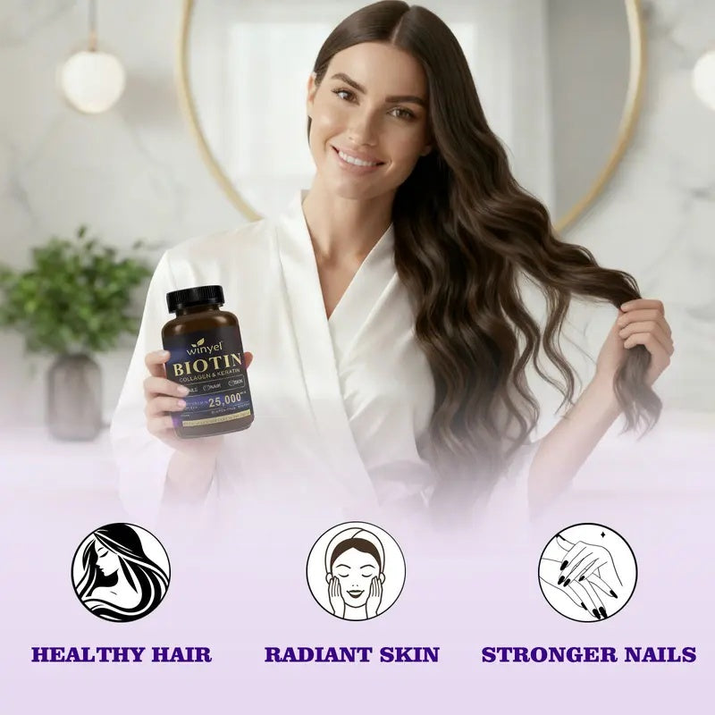 WINYEL Biotin, Collagen, Hyaluronic Acid, Keratin - Support Normal Hair Growth Cycle - Skin & Nails - 25000mcg Vitamins B1, B2, B3, B6 & B7 - For Women & Men, 60 Capsules