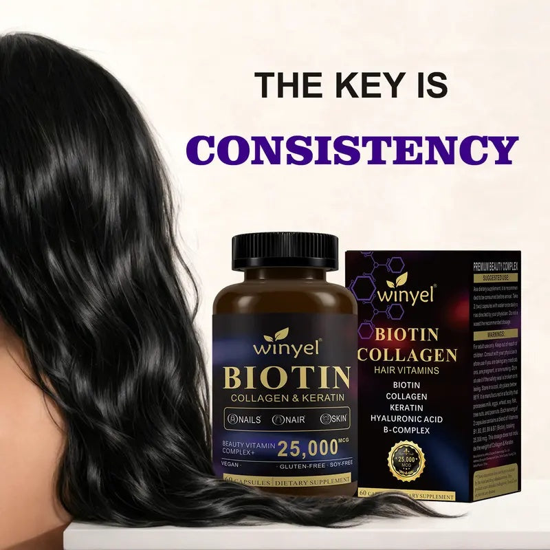 WINYEL Biotin, Collagen, Hyaluronic Acid, Keratin - Support Normal Hair Growth Cycle - Skin & Nails - 25000mcg Vitamins B1, B2, B3, B6 & B7 - For Women & Men, 60 Capsules