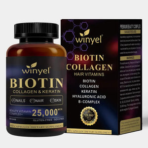 WINYEL Biotin, Collagen, Hyaluronic Acid, Keratin - Support Normal Hair Growth Cycle - Skin & Nails - 25000mcg Vitamins B1, B2, B3, B6 & B7 - For Women & Men, 60 Capsules