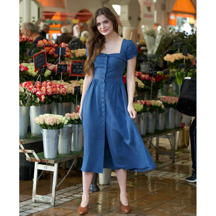 Women's Short-Sleeve Linen French-Style Dress