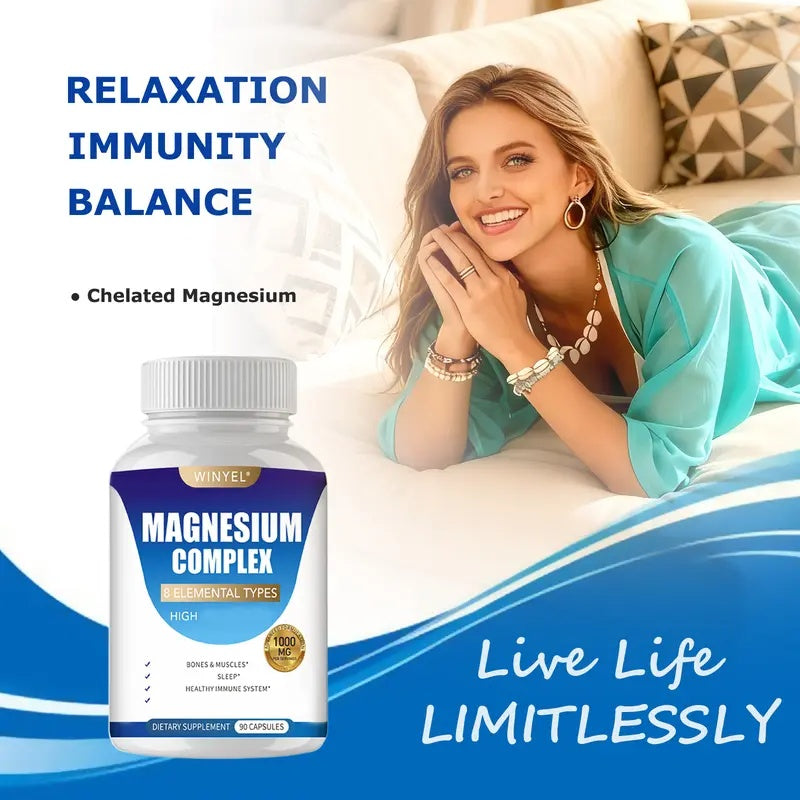 WINYEL MAGNESIUM COMPLEX Wellness Capsules With Malate & Glycinate And 8 ELEMENTAL MAGNESIUM, Supports Health 90 Capsules, Dietary Supplement.
