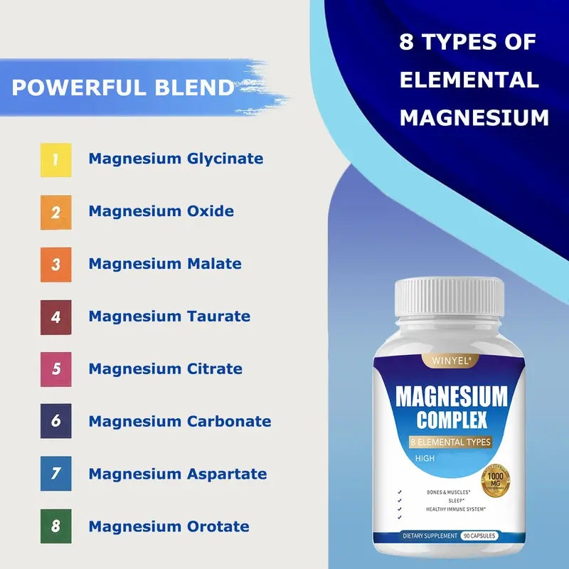 WINYEL MAGNESIUM COMPLEX Wellness Capsules With Malate & Glycinate And 8 ELEMENTAL MAGNESIUM, Supports Health 90 Capsules, Dietary Supplement.